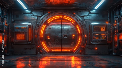Futuristic high-tech vault designs showcasing glowing neon security lines in a cyberpunk atmosphere with a dark moody background for imaginative settings