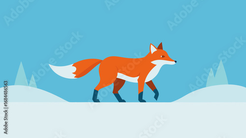 Sly Fox Trotting Through Snow a Winter Nature Vector Illustration