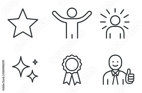 Minimalistic achievement icons with star, award, and thumbs up symbols