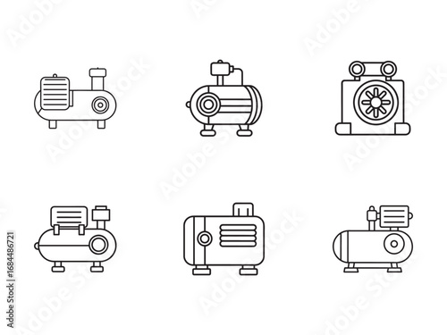 Set of Six Air Compressor Icons in Line Art Style Isolated on White Background for Industrial and DIY Concepts