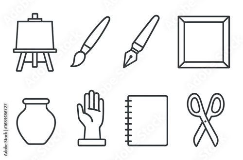 Art tools illustration featuring easel, brushes, frame, and more