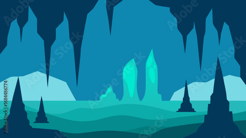 Glimmering Stalactites and Stalagmites in a Nature Cave Vector Scene