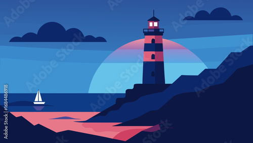 Lighthouse Dusk Sea Vector Nature Illustration Coastal Evening Scene