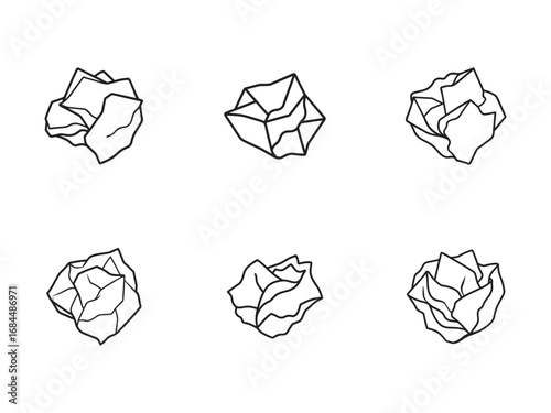 Set of Six Crumpled Paper Ball Icons in Black and White Line Art Style Illustration