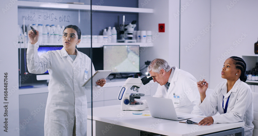 Obraz premium Woman, scientist and explain notes in lab for planning, equation and formula for experiment. People, tablet and glass with team for research, calculate compound and medical information for vaccine