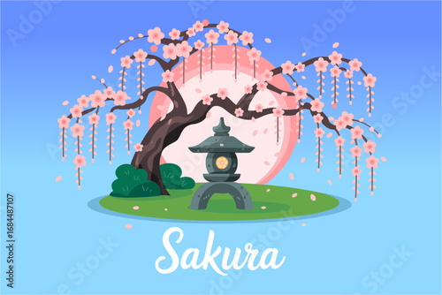 Sakura garden illustration, weeping cherry tree with lantern and traditional stone pagoda, moonlit pastel sky, spring festival postcard scene