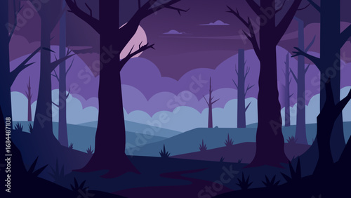 Eerie Twilight Forest Vector Nature Illustration Mysterious Woodland Scene