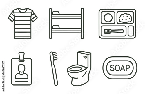Icons of prison life: uniform, bunk, tray, id, toothbrush, toilet, soap