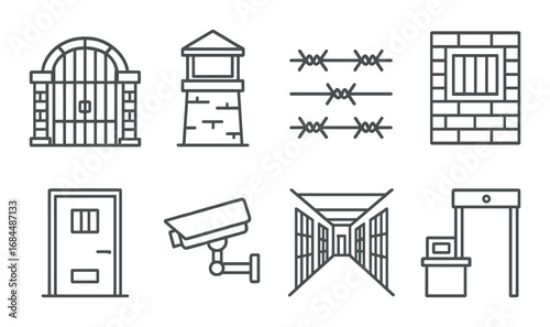 Prison security icons: barbed wire, surveillance, cell door, watchtower, metal detector