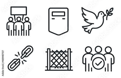 Social movements icon set with protest, peace, freedom, unity, security, and inclusion symbols