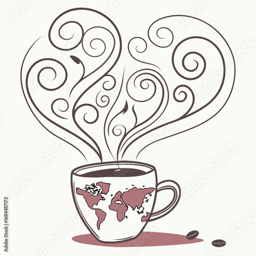 Coffee cup with world map design and steam forming a heart shape representing global coffee culture and the love of coffee around the world concept