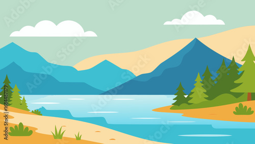 Picturesque Lake Shore Vector Nature Illustration Calm Water Landscape