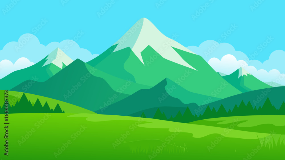 Fototapeta premium Green Alpine Meadow Vector Nature Illustration Mountain Floral Field