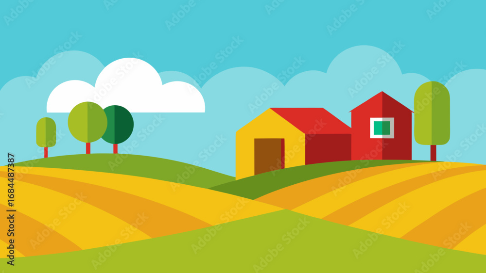 Naklejka premium Farmland Distant Barns Vector Nature Illustration Rural Countryside Scene