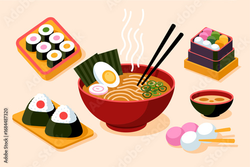 Ramen and sushi vector set, steaming noodle bowl with toppings, assorted rice rolls and onigiri, pastel food icons for menus