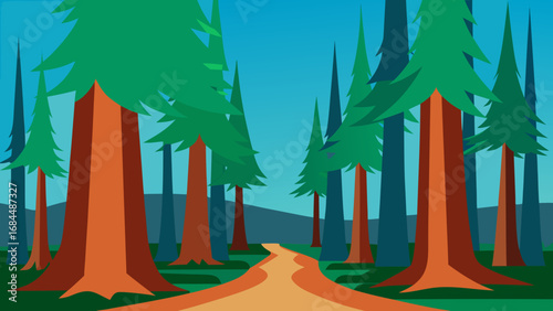 Ancient Redwood Grove Vector Nature Illustration Old Growth Forest