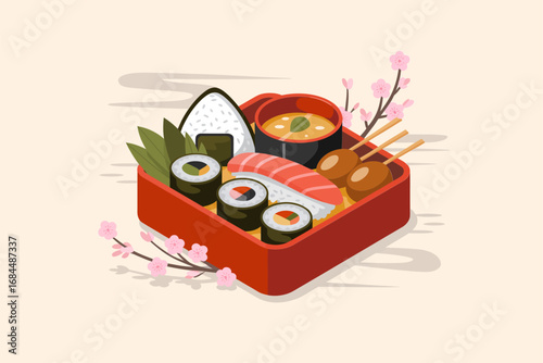Bento box meal illustration, decorative sushi rolls tempura sides and garnish, cherry blossom accent, boxed lunch design for food packaging