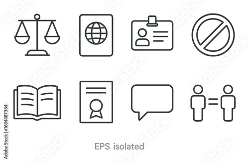 Set of legal and communication icons in minimalist style on metallic background