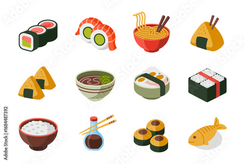 Japanese food vector set, assorted onigiri rice balls sushi bowls tempura skewers miso soup soy sauce, colorful culinary icons