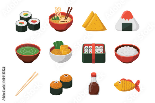 Assorted Japanese food icons, bento box sushi rolls tempura miso soup onigiri tea, chopsticks garnish fish roe, flat vector set