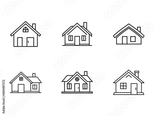 Set of six house icons representing real estate property and home ownership in minimalist line art design style