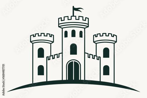 Stylized Dark Blue Outline of a Castle with Three Towers on White Background fortress architecture