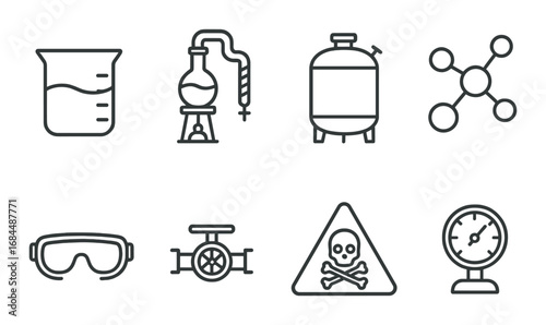 Laboratory icons: beaker, distillation, tank, molecular structure with safety symbols