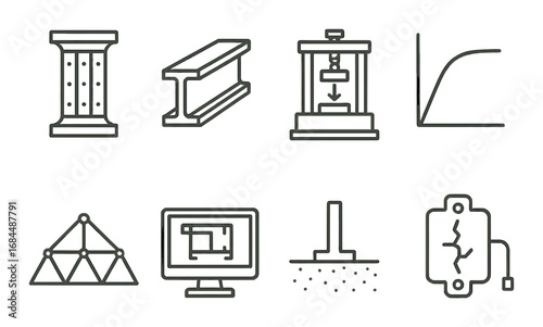 Engineering icons set featuring structures, tests, and graphs
