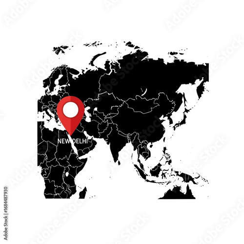 Geographic representation of asia continent with a focus on new delhi india location