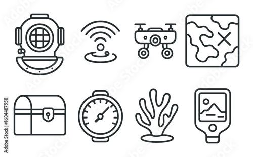 Outline icons featuring diving helmet, drone, treasure map, coral, and more