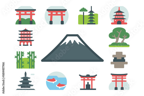 Japanese landmark icon set, Mount Fuji torii gate pagoda pond lantern, temple shrine symbols, bamboo grove, koi pond element collection
