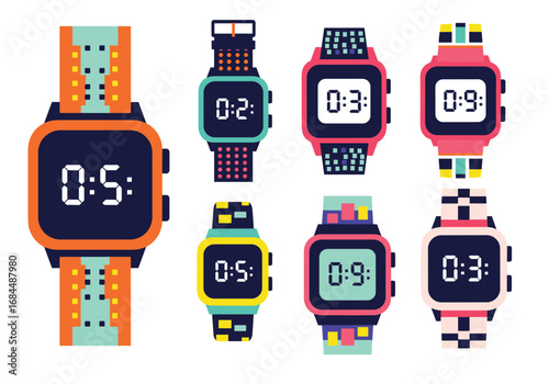 Vibrant pixelated digital watches displaying different times fashionable accessories for modern individuals seeking fun timekeeping