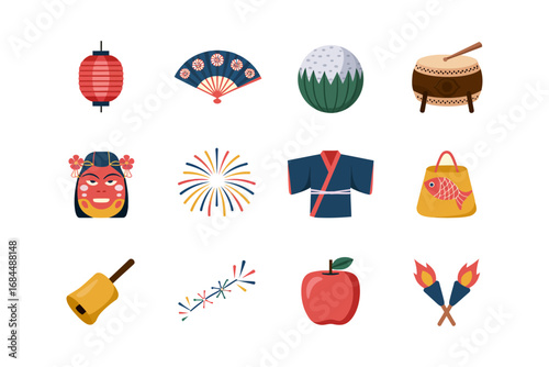 Traditional mask and performance icons, theatrical face masks, festival costume elements, drum stick fan lantern, seasonal folklore symbol collection pack