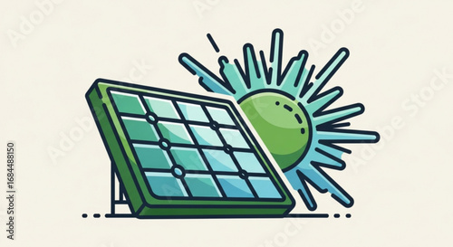 Illustration of solar panel energy with sun rays for renewable and sustainable power generation concept art