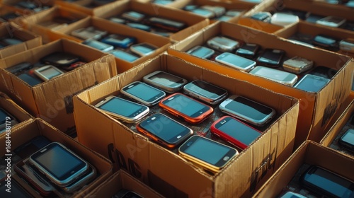 Cardboard box brimming with used smartphones sits outdoors. Surrounding boxes also contain more phones. The area is large and open, creating an expansive feel, revealing a multitude of devices.