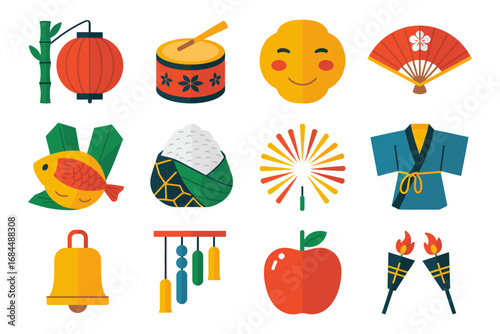 Lucky charm ceremonial object icons, rice cake fan lantern bell, decorative folded paper, festival token, good fortune symbol vector set