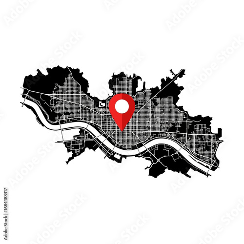 Minimalist urban map with red pinpoint marker designating central location destination