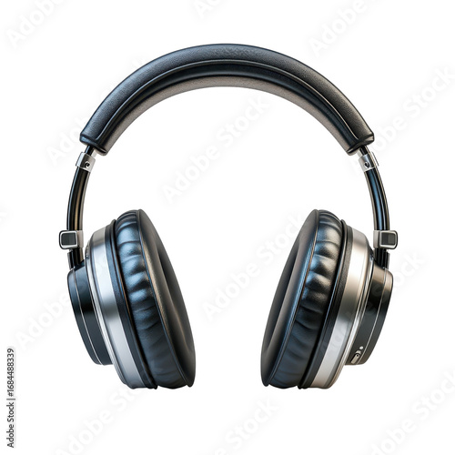 Sleek overear headphones with black leather and silver accents provide immersive audio experience for music lovers and audiophiles alike on transparent background