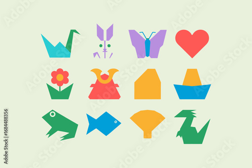Colorful origami paper shapes pack, frog fish house boat tulip flower heart star playful geometric icons, craft vector set