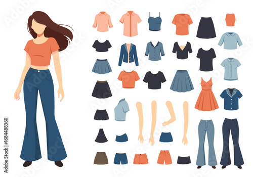 Vector illustration of a young woman and a collection of fashionable clothing items and accessories
