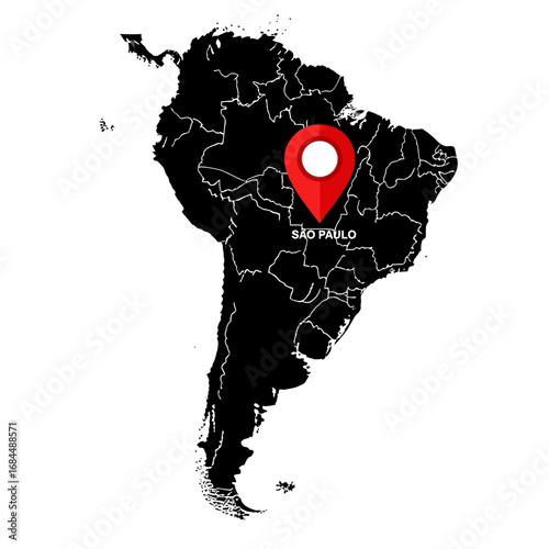 Sao Paulo landmark on South America map pinpointing urban development and geographical location