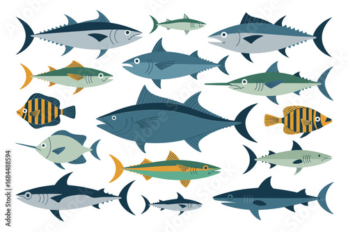 Ocean fish school illustration pack, mixed species including tuna mackerel salmon, schooling silhouettes and detailed flat vectors, nautical decor elements