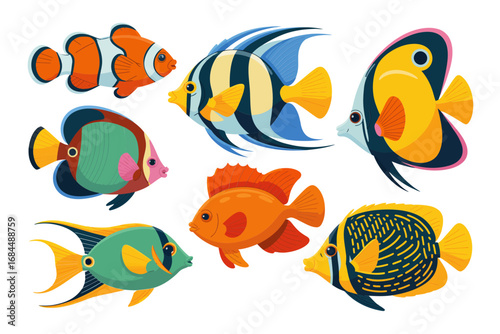 Cartoon tropical fish collection, playful colorful species, clown tang surgeon parrotfish angelfish, decorative marine stickers, children friendly vector art