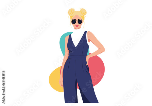 Stylish young woman with blonde hair and sunglasses wearing a dark blue jumpsuit and white top standing confidently with abstract shapes in the background