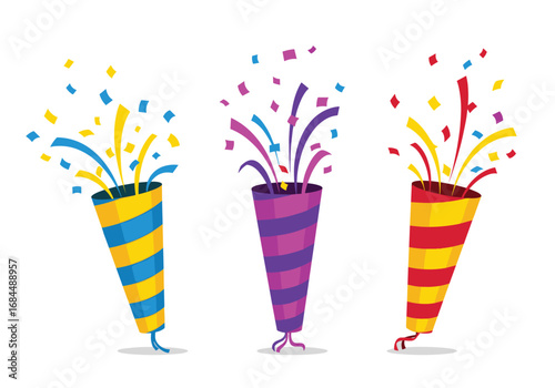 Colorful party poppers exploding with festive confetti creating a celebration atmosphere