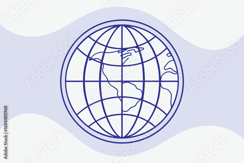 Stylized globe with continents and wavy background in blue outline world earth