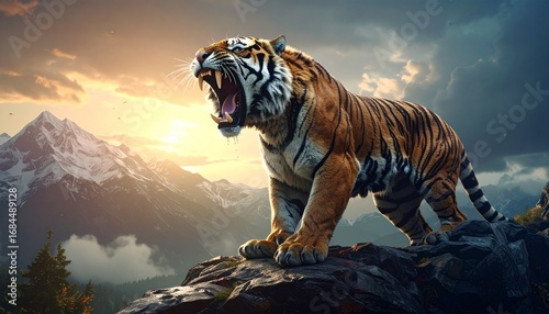 A giant saber-toothed tiger roaring on top of a rocky cliff, cinematic close-up with saliva dripping from its fangs.