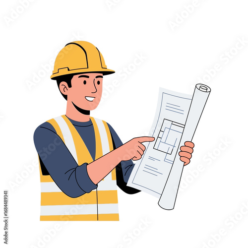 Dedicated construction worker analyzing blueprint for future building development project