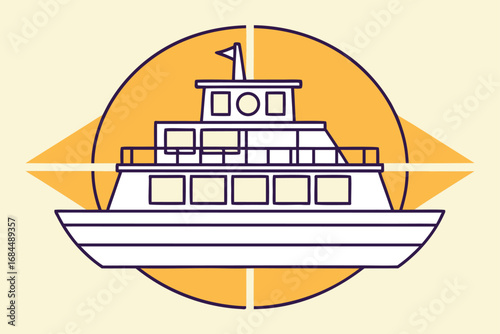 Stylized illustration of a ferry boat with a circular yellow background ship watercraft