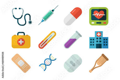 Medical equipment icon collection, stethoscope first aid kit thermometer hospital syringe capsule bandage crutch clipboard, emergency healthcare vector symbols
